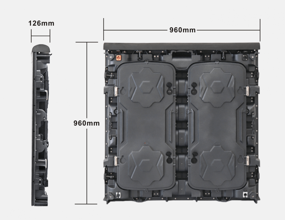Arena 960 Series cabinet diagram showing 960 mm width and height and 126 mm depth