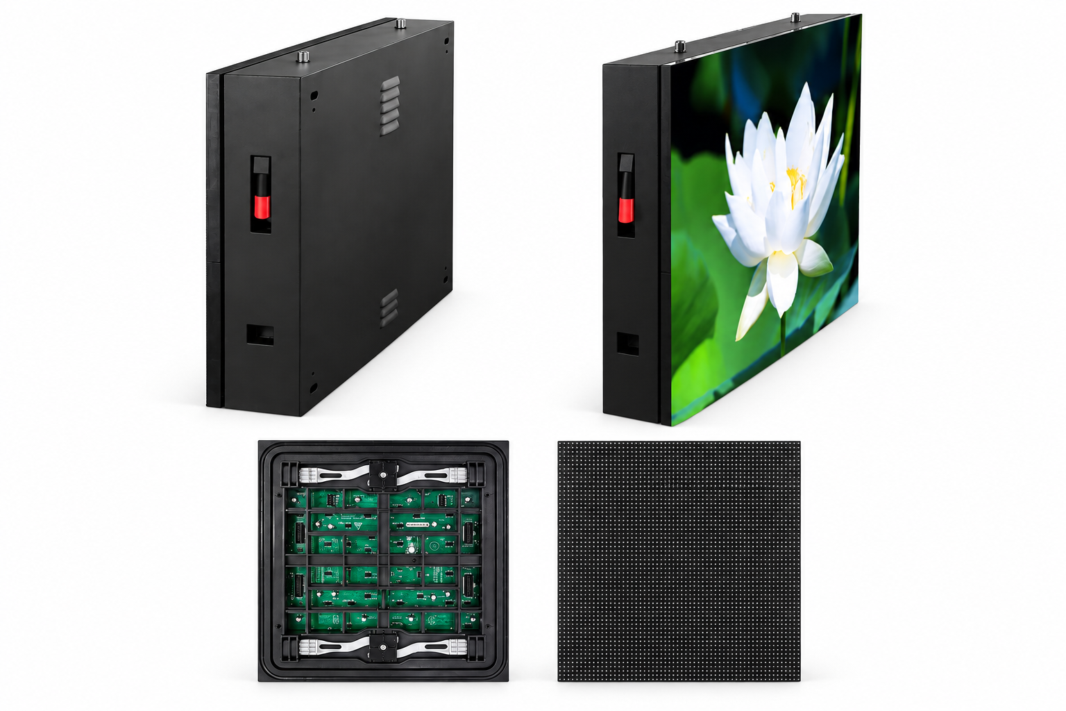 Snap outdoor LED cabinet and front-service module product views on a white background
